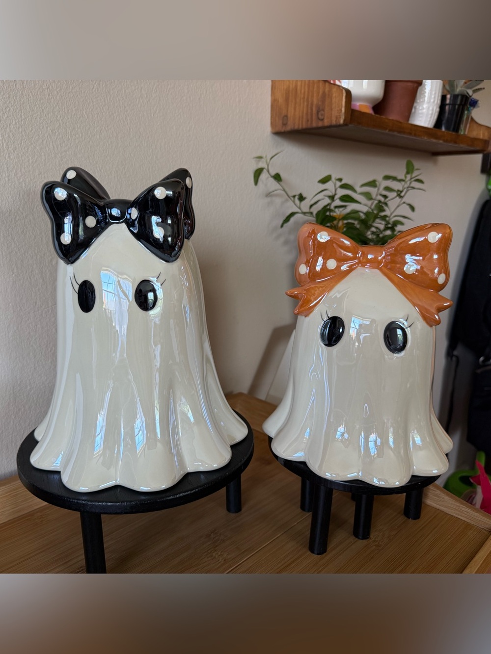 Set of 2 Iridescent Girlie Ghosts with Polka Dotted Bows